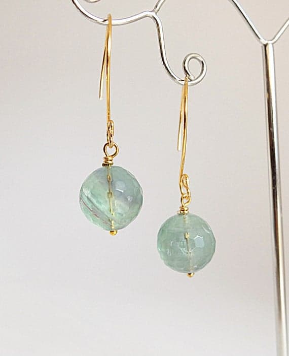 AAA++ Rare Quality A handmade pair of green Flourite drop earrings. green flourite gemstone bead wire wrapped in Gold  filled wire , drop large flourite 13 mm Code- TJH216
