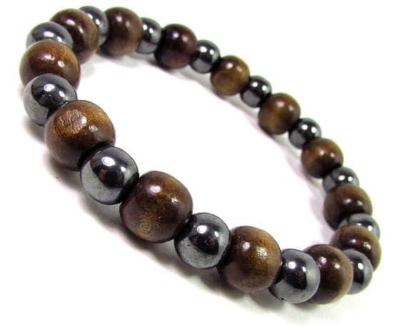 memorial gift 8-10mm Stretchable Multi Wood and Hematite Bracelet Round, Smooth 7" for mens, womens.