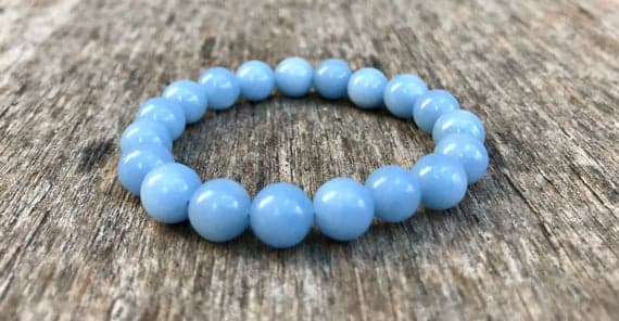 Dainty Slave Loose 8mm Stretchable Blue Angelite Bracelet Round, Smooth 7" for mens, womens, gf, bf & Adult.