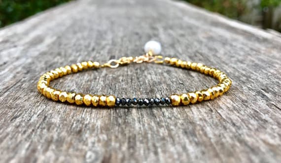 24k gold Plated Anniversary Gift Gold Helling 3-4mm stacking Black & Golden Black Diamond and Golden Pyrite Bracelet Round, Faceted 7" for mens, womens, gf, bf & Adult.