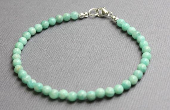 925 Steling Silver Dainty Slave Loose 4 mm Stracking blue Amazonite Bracelet Round, Smooth 7" for mens, womens, GF, BF, Adults.