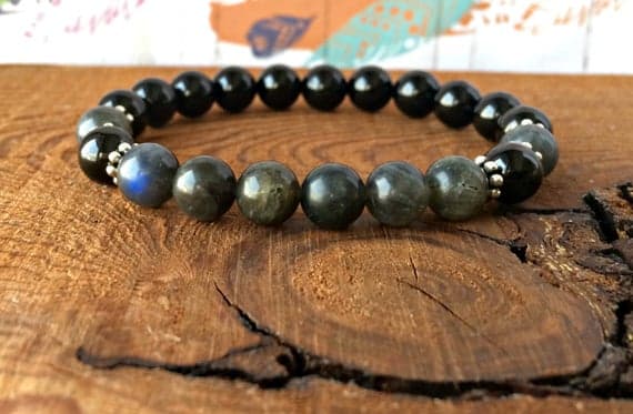 Anxiety Relief Calming 6mm Stretchable Black & Gray Black Tourmaline & Labradorite Bracelet Round , Smooth 7" for mens, womens, gf, bf & Adult.