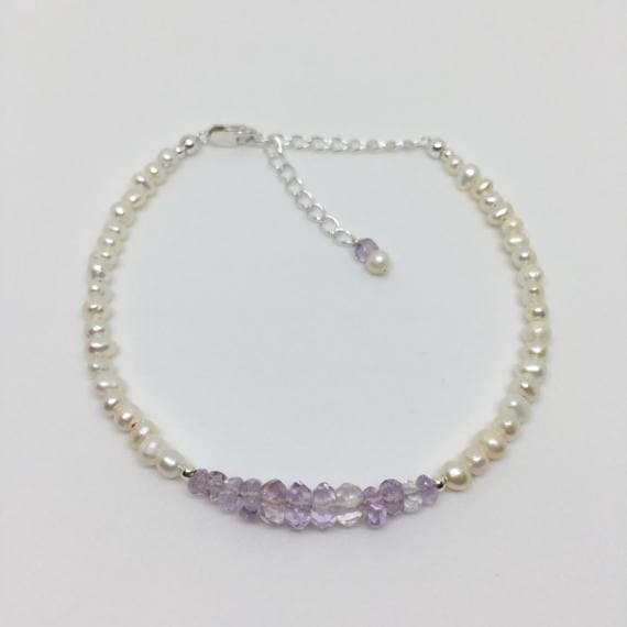 925 sterling Silver Dainty Slave Loose 3-5mm stacking Purple Amethyst & Pearl  Bracelet Rondelle, Faceted & Smooth 7" for mens, womens, gf, bf & Adult.