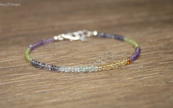 925 sterling Silver Artisan Loose 3mm stacking Multi Amethyst, Aquamarine, Citrine, Peridot, Minimalist,  Bracelet Rondelle, Faceted 7" for mens, womens, gf, bf & Adult.