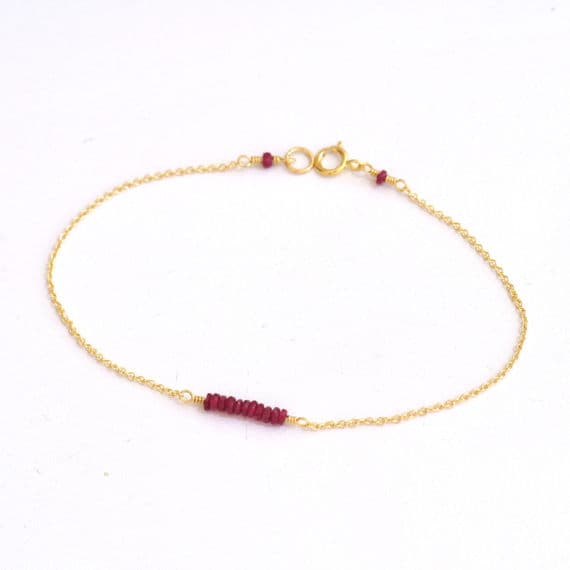 24k gold Plated Rock Gift 1x2mm stacking Red Ruby Bracelet Rondelle, Faceted 7" for mens, womens, gf, bf & Adult.
