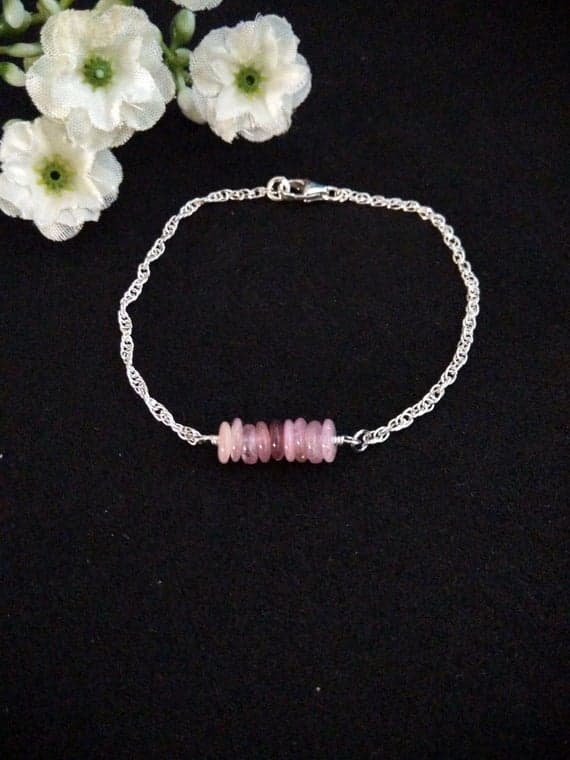925 Steling Silver Wholesale 1x4 mm Stracking pink Pink Tourmaline Bracelet Rondelle, Smooth 7" for mens, womens, GF, BF, Adults.
