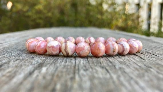 Artisan Loose 8mm Stretchable Pink Rhodochrosite Bracelet Round, Smooth 7" for mens, womens, gf, bf & Adult.