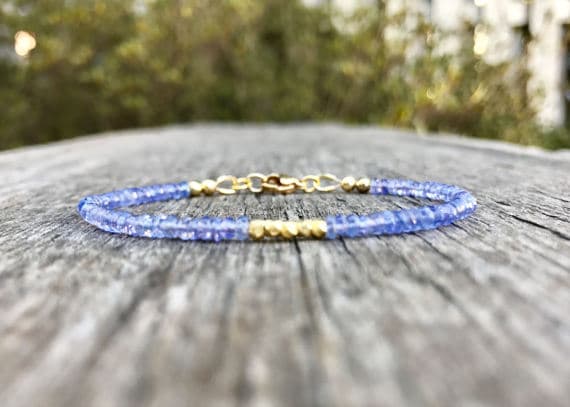 24k gold Plated Bridesmaid Jewelry Gold Helling 2.5-3mm stacking Blue Tanzanite Bracelet Rondelle, Smooth 7" for mens, womens, gf, bf & Adult.