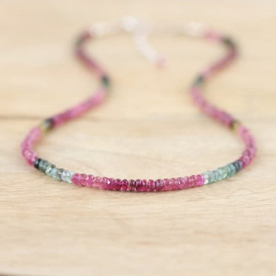 925 sterling Silver memorial gift 3.5mm stacking Multi Watermelon Pink, Green & Blue Tourmaline Necklace Rondelle, Faceted 16" for mens, womens, gf, bf & Adult.