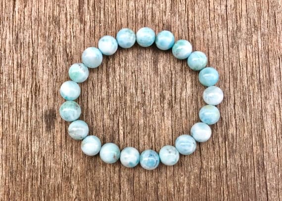 Handmade Beaded 4mm Stretchable Sky Blue Larimar Bracelet Round, Smooth 7" for mens, womens, gf, bf & Adult.