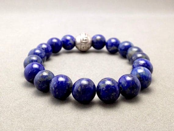 10MM Lapis Lazuli and Greek Key Karen Hill Tribe Silver Stretch Bead Bracelet to Accessing Divine Truth & Enlightenment, Develop Intuition Code- WAR6253