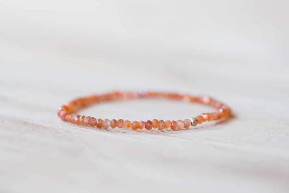 memorial gift 3-3.5mm Orange Sunstone Stretchable Bracelet Round, Faceted 18cm for mens, womens, gf, bf and adults.
