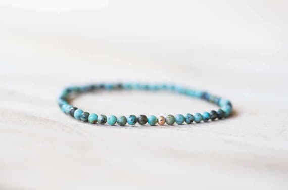 Rose Gold Empath Protection 3mm Multi Colour African Turquoise Stretchable Bracelet Round, Smooth 18cm for mens, womens, gf, bf and adults.