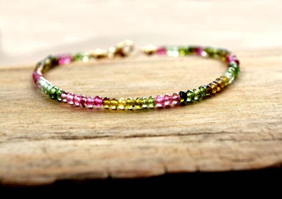 24k gold Plated love beach youth 2-3 mm Stracking Multi Tourmaline Bracelet Rondelle, Faceted 7" for mens, womens, GF, BF, Adults.