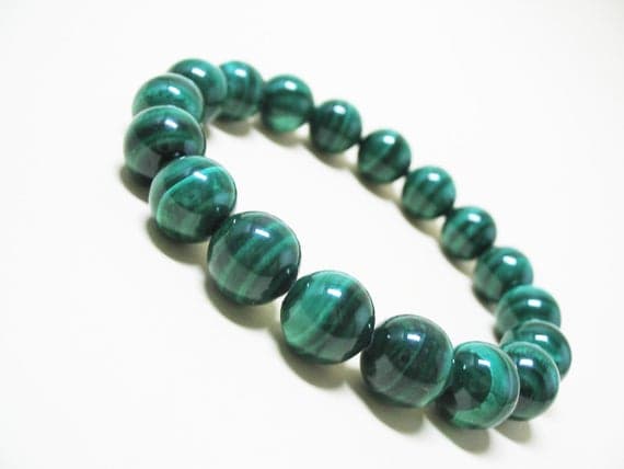 Anniversary Gift 10mm Stretchable green Malachite Bracelet Round, Smooth 7.5" for mens, womens, GF, BF, Adults.
