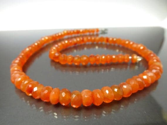 925 sterling Silver Bridesmaid Jewelry 7mm stacking Orange Carnelian Necklace Rondelle, Faceted 17" for mens, womens.