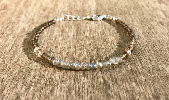 925 sterling Silver chakras simple 4mm stacking Gray & Brown Labradorite, Garnet and Smoky Quartz  Bracelet Rondelle, Faceted 7" for mens, womens, gf, bf & Adult.