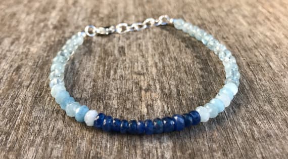 925 sterling Silver top quality 4mm stacking Multi Sapphire and Aquamarine Bracelet Rondelle, Faceted 7" for mens, womens, gf, bf & Adult.