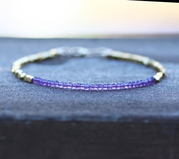 24k gold Plated love beach youth Gold Helling 3mm stacking Purple Natural Amethyst Bracelet Round, Faceted 7" for mens, womens, gf, bf & Adult.