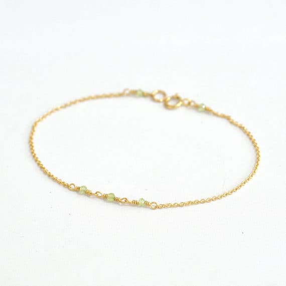 24k gold Plated chakras simple 2mm stacking Green Tiny Peridot Bracelet Round, Smooth 7" for mens, womens, gf, bf & Adult.