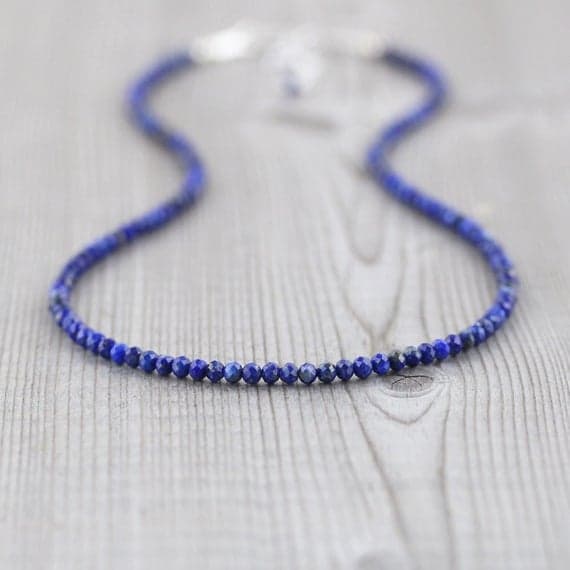 925 sterling Silver Blush Jewelry 3-3.5mm stacking Blue Lapis Lazuli  Necklace Round, Faceted 16" for mens, womens, gf, bf & Adult.
