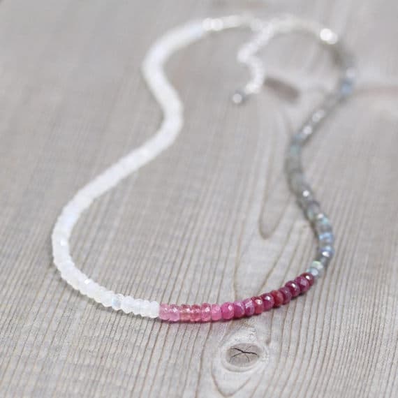 925 sterling Silver Super sale 3.5mm stacking Multi Ruby, Labradorite & Rainbow Moonstone Necklace Rondelle, Faceted 16" for mens, womens, gf, bf & Adult.