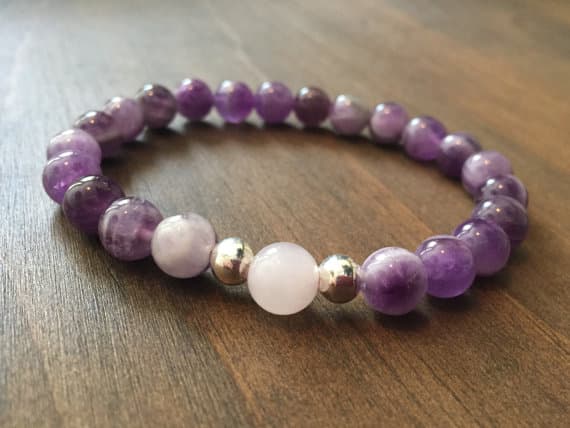 Anxiety Gemstone Silver Helling 8MM Stretchable Purple Amethyst, rose quartz Bracelet Round, Smooth 7" for mens, womens.
