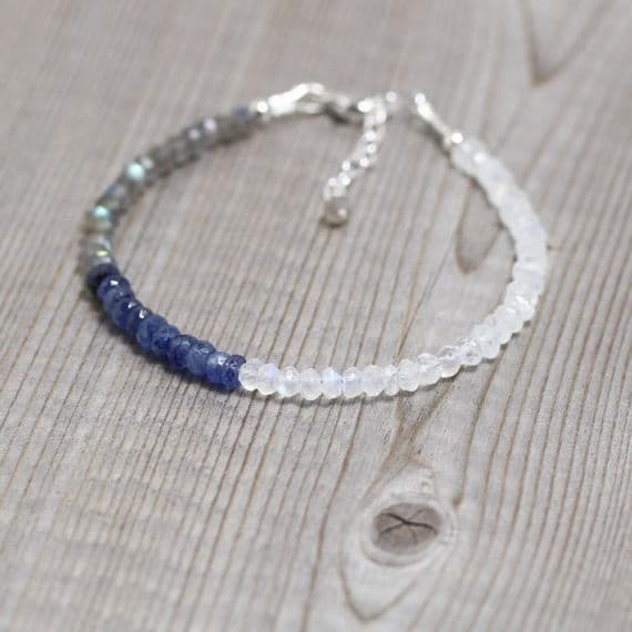 925 sterling Silver Jewelry Energy 3.5-4mm stacking Multi Blue Sapphire, Labradorite & Rainbow Moonstone Bracelet Rondelle, Faceted 7" for mens, womens, gf, bf & Adult.