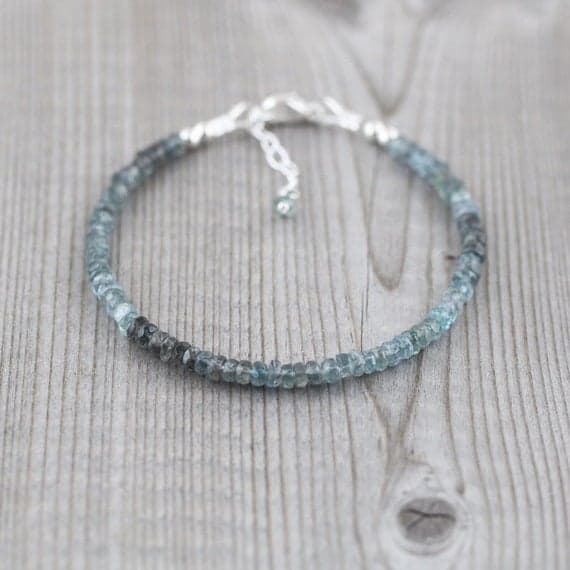 925 sterling Silver Positive Energy 3.5mm stacking Gray Moss Aquamarine  Bracelet Rondelle, Faceted 7" for mens, womens, gf, bf & Adult.