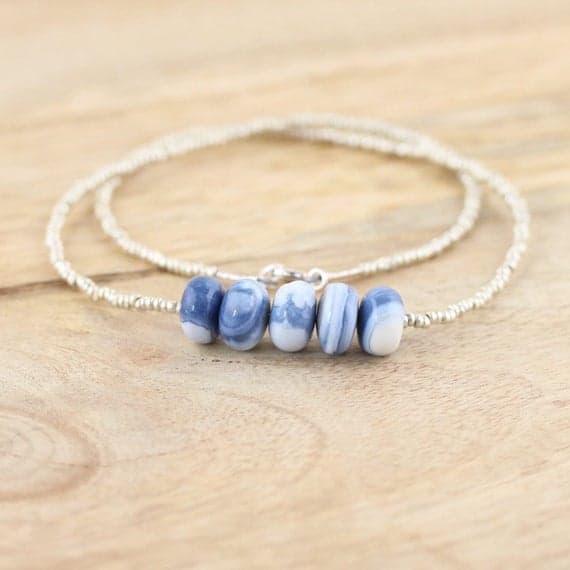 925 sterling Silver Natural 10mm stacking Blue Peruvian Blue Opal, Charlotte Seed  Necklace Oval, Smooth 16" for mens, womens, gf, bf & Adult.