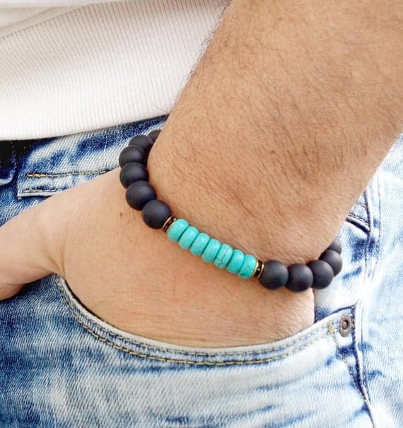 Galaxy Jewelry 12mm Multi Colour BLACK onyx TURQUOISE  Stretchable Bracelet Round, Smooth 18cm for mens, womens, gf, bf and adults.