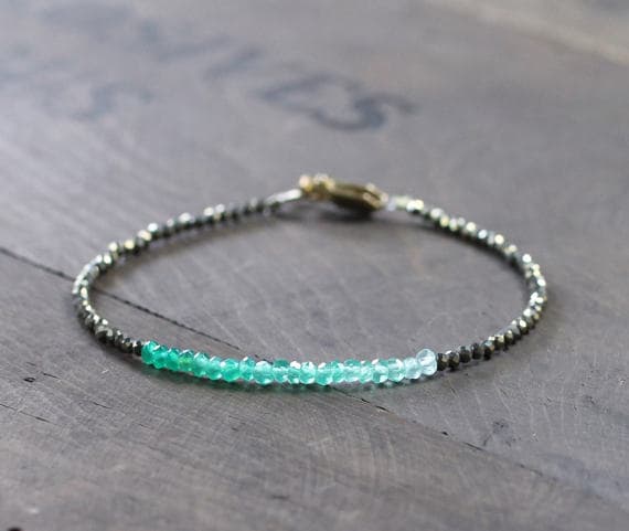 24k gold Dainty Slave Loose 2-2.5mm Green Green Onyx & Pyrite stacking Bracelet Rondelle, Faceted 18cm for mens, womens, gf, bf and adults.