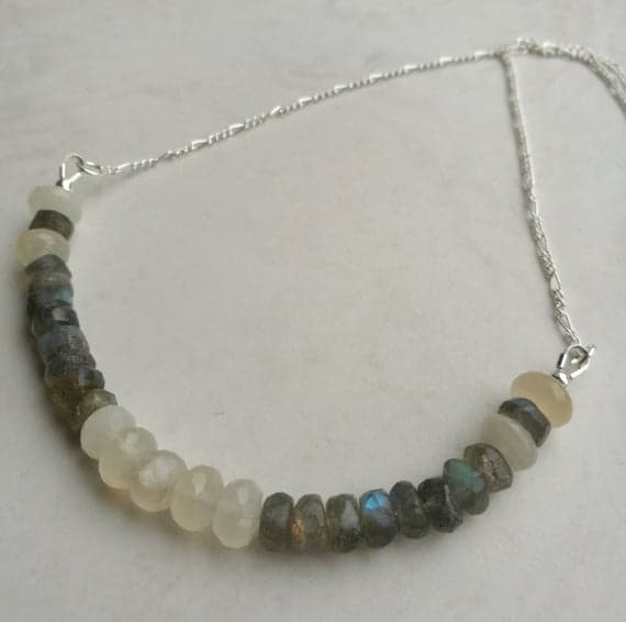 925 sterling Silver love beach youth 4-5mm stacking Gray & White Moonstone,labradorite Necklace Rondelle, Faceted 17" for mens, womens, gf, bf & Adult.