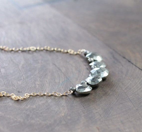 24k gold Bridesmaid Jewelry 8-9mm Gray Pyrite stacking Necklace Rondelle,Pear, Faceted 17 Inch for mens, womens, gf, bf and adults.