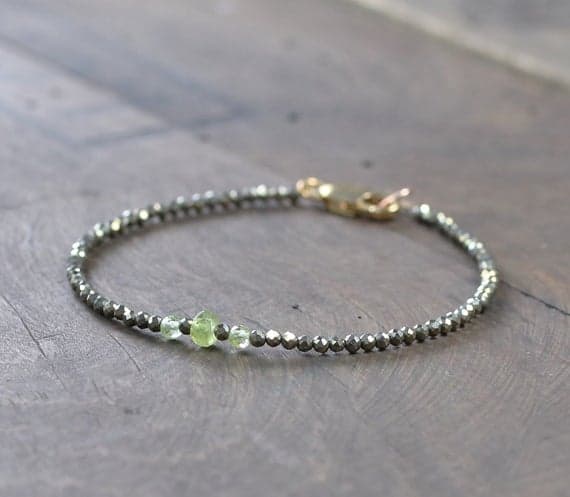 24k gold Unique Wedding Gift 2-3mm Multi Colour Pyrite & Peridot stacking Bracelet Round, Faceted 18cm for mens, womens, gf, bf and adults.