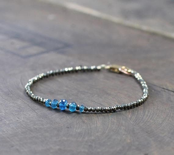 925 sterling silver Unique Wedding Gift 2.5-3.5mm Multi Colour Pyrite & Neon Blue Apatite stacking Bracelet Rondelle, Faceted 18cm for mens, womens, gf, bf and adults.
