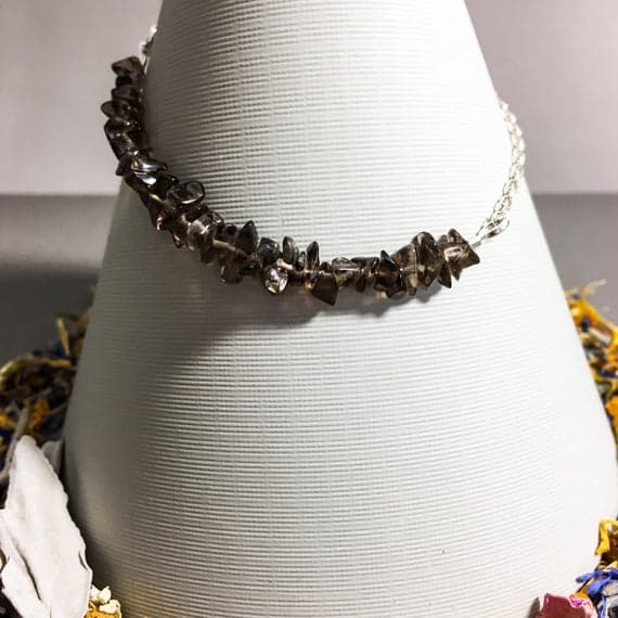 925 sterling Silver Anxiety Relief Calming 4x6mm stacking Brown Smoky Quartz Bracelet Chips, Faceted 7" for mens, womens, gf, bf & Adult.