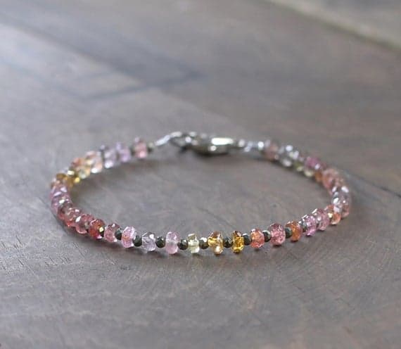 925 sterling silver Natural 3-3.5mm Multi Colour Multi Tourmaline  stacking Bracelet Rondelle, Faceted 18cm for mens, womens, gf, bf and adults.