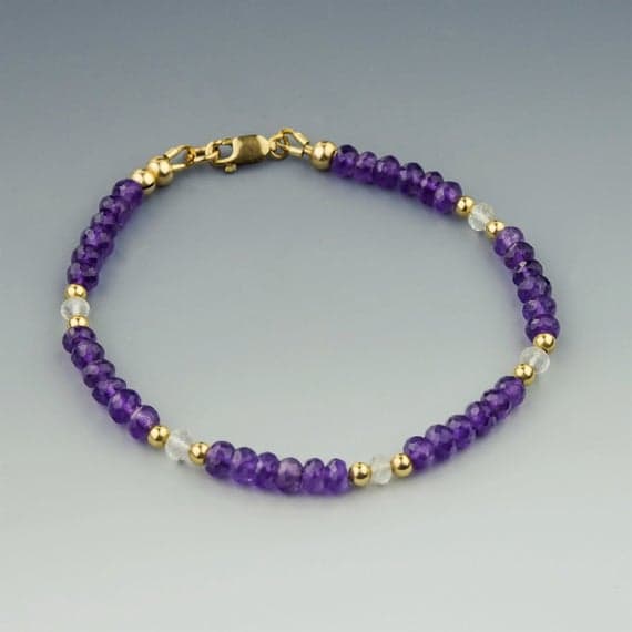 Faceted AAA Amethyst Bracelet w Moonstones & 14K Gold, Handmade February Birthstone Jewelry, Fine Jewelry, Gemstone Bracelet 4.5 mm Code- WAR6842