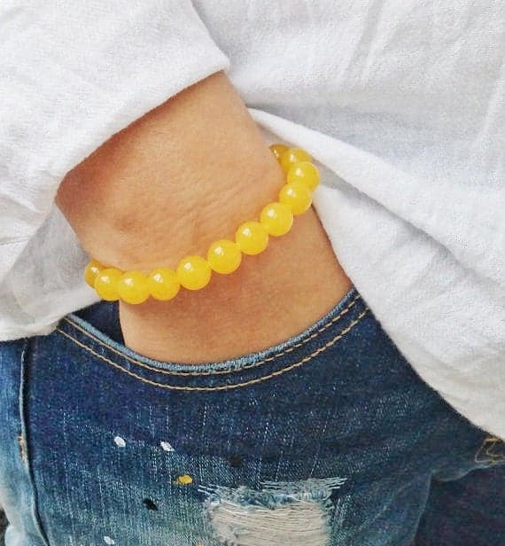 Personalized Gift 10mm Yellow Agate Stretchable Bracelet Round, Smooth 18cm for mens, womens, gf, bf and adults.