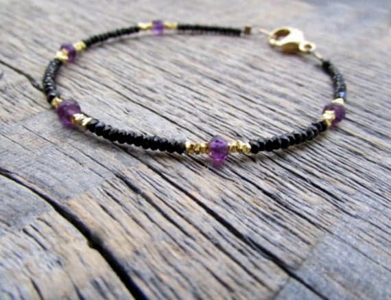 AAA++ Rare Quality Gold  Amethyst Bracelet, Black Spinel Bracelet, Gold  Bead Bracelet, Gemstone Bracelet, February Birthstone Bracelet,