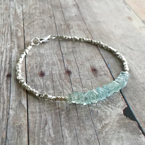 925 sterling silver Dainty Slave Loose 5mm Blue Aquamarine stacking Bracelet Square, Smooth 18cm for mens, womens, gf, bf and adults.