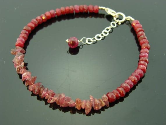 Ruby and Raw Pink Tourmaline Sterling Silver Bracelet 3-5mm Code- WAR6585