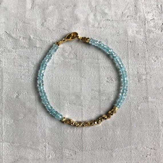 24k gold Plated good luck gift Gold Helling 3-4mm stacking Aqua aquamarine Bracelet Rondelle, Faceted 7" for mens, womens, gf, bf & Adult.
