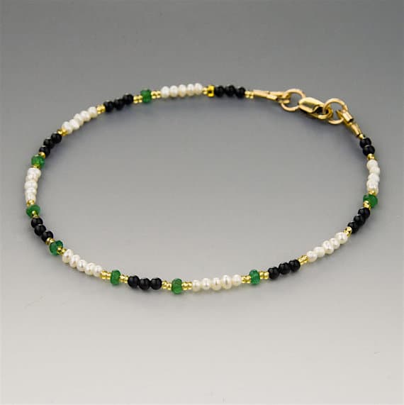 Genuine Natural Emerald, Pearl, & Onyx Bracelet with Gold Clasp, Delicate Green, White, Black Gemstone Bracelet, Stackable Tiny Gem Bracelet 2-2.5mm Code- WAR6838