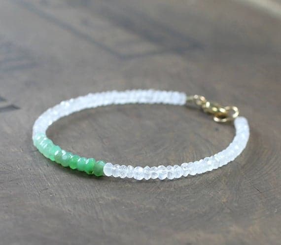 925 sterling silver Anxiety Relief Calming 3-3.5mm Multi Colour Moonstone & Green Chrysoprase stacking Bracelet Round, Faceted 18cm for mens, womens, gf, bf and adults.