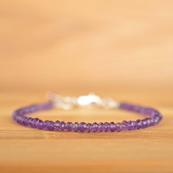 925 sterling silver Natural 3mm Purple Amethyst stacking Bracelet Rondelle, Faceted 18cm for mens, womens, gf, bf and adults.