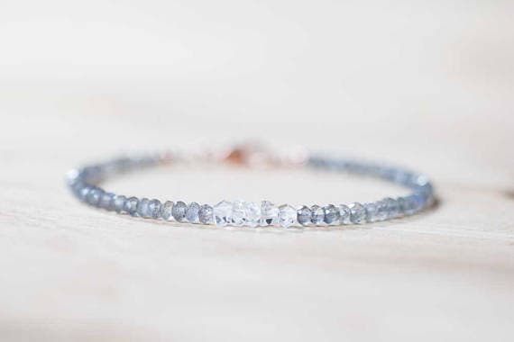 24k gold Anxiety Relief Calming 3-3.5mm Gray Labradorite & Herkimer Diamond stacking Bracelet Rondelle , Faceted 18cm for mens, womens, gf, bf and adults.