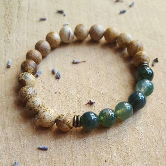 Personalized Gift 8mm Stretchable Multi Moss Agate & Picture Jasper Bracelet Round, Smooth 7" for mens, womens.