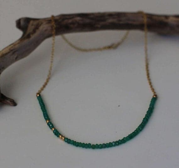 24k gold Plated Anxiety Gemstone Gold Helling 3-4mm stacking Green Green Onyx  Necklace Rondelle, Faceted 16" for mens, womens, gf, bf & Adult.